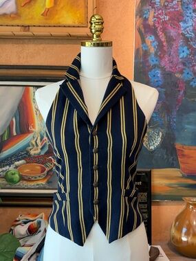 RUGBY RALPH LAUREN 2004 Equestrian‎ Vest Navy Gold Striped Waistcoat Size 2